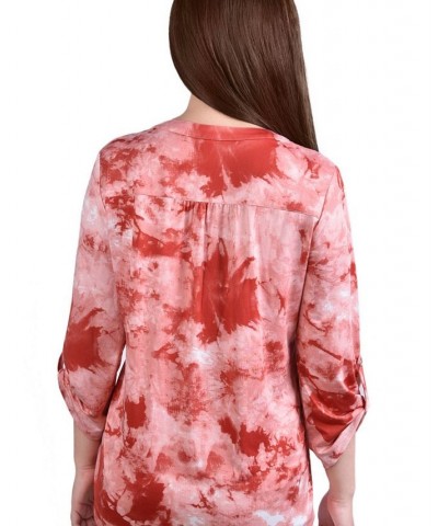 Petite Knit Jacquard 3/4 Sleeve Roll Tab Pintuck Top Poppy Red Tiedye $12.52 Tops