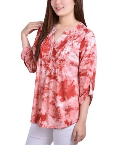 Petite Knit Jacquard 3/4 Sleeve Roll Tab Pintuck Top Poppy Red Tiedye $12.52 Tops