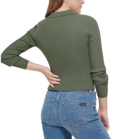 Women's Ribbed Polo Shirt Green $23.45 Tops