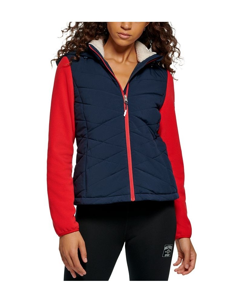 Women's Hybrid Fleece-Puffer Jacket Blue $40.37 Jackets