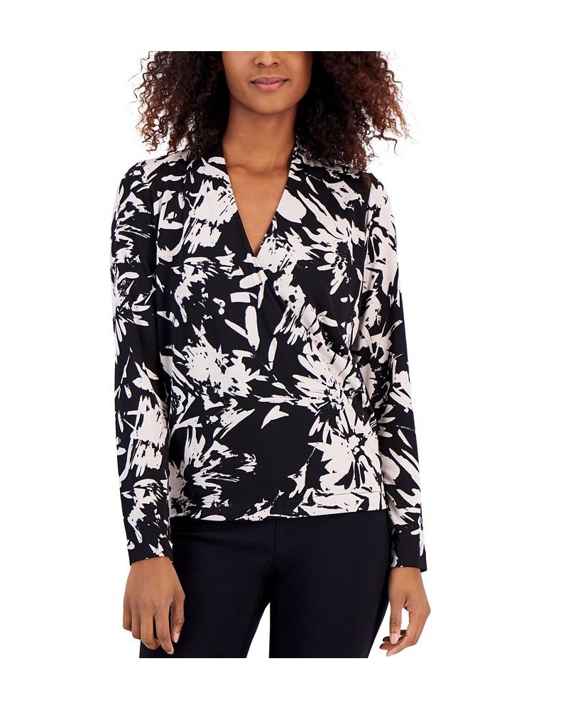 Women's Printed Faux-Wrap Surplice Knit Top Multi $21.07 Tops