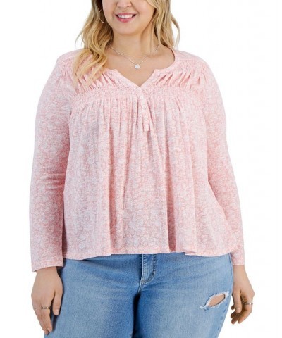 Plus Size Split-Neck Long-Sleeve Top Pink $13.41 Tops