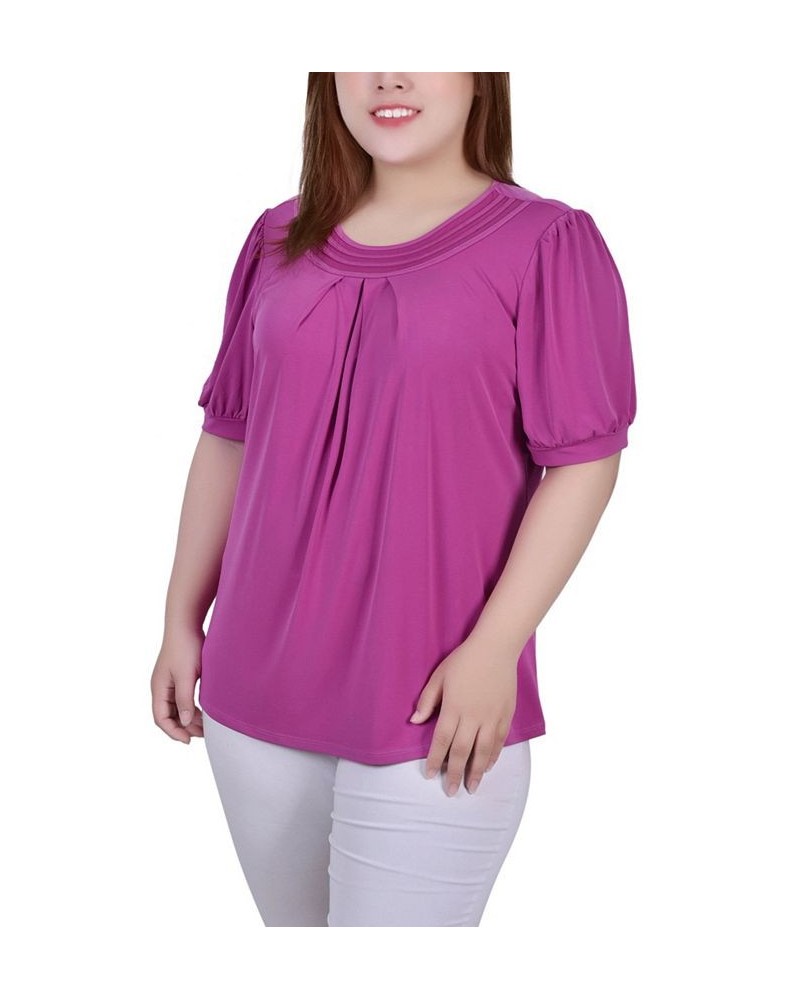 Plus Size Short Puff Sleeve Sheer Inset Top Pink $13.52 Tops