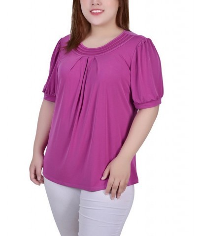 Plus Size Short Puff Sleeve Sheer Inset Top Pink $13.52 Tops