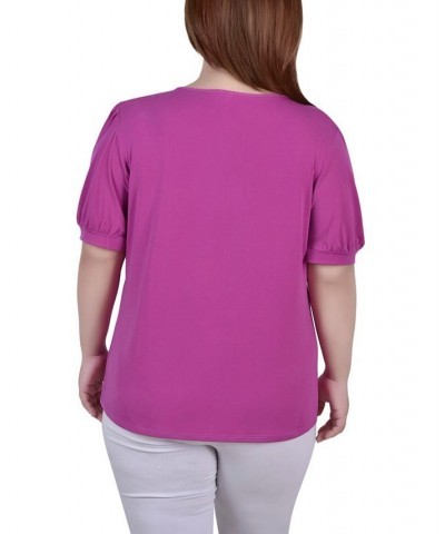 Plus Size Short Puff Sleeve Sheer Inset Top Pink $13.52 Tops