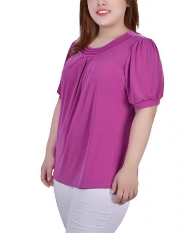 Plus Size Short Puff Sleeve Sheer Inset Top Pink $13.52 Tops