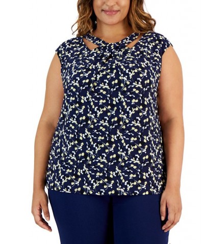 Plus Size Floral-Print Twist-Neck Blouse Kasper Navy Multi $22.25 Tops