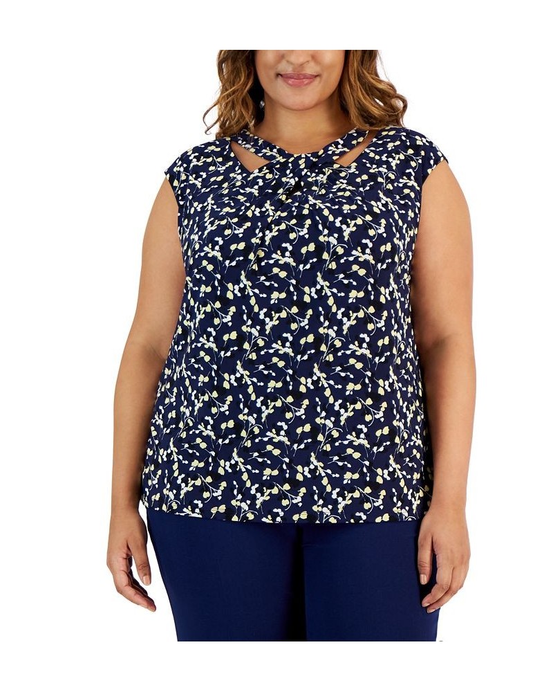 Plus Size Floral-Print Twist-Neck Blouse Kasper Navy Multi $22.25 Tops