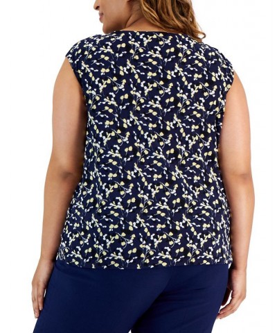 Plus Size Floral-Print Twist-Neck Blouse Kasper Navy Multi $22.25 Tops