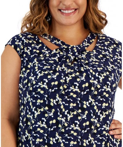 Plus Size Floral-Print Twist-Neck Blouse Kasper Navy Multi $22.25 Tops