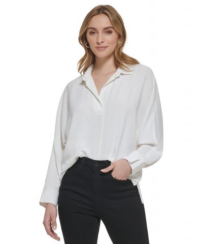 Women's Long Sleeve V-Neck Collared Shirt White $39.38 Tops