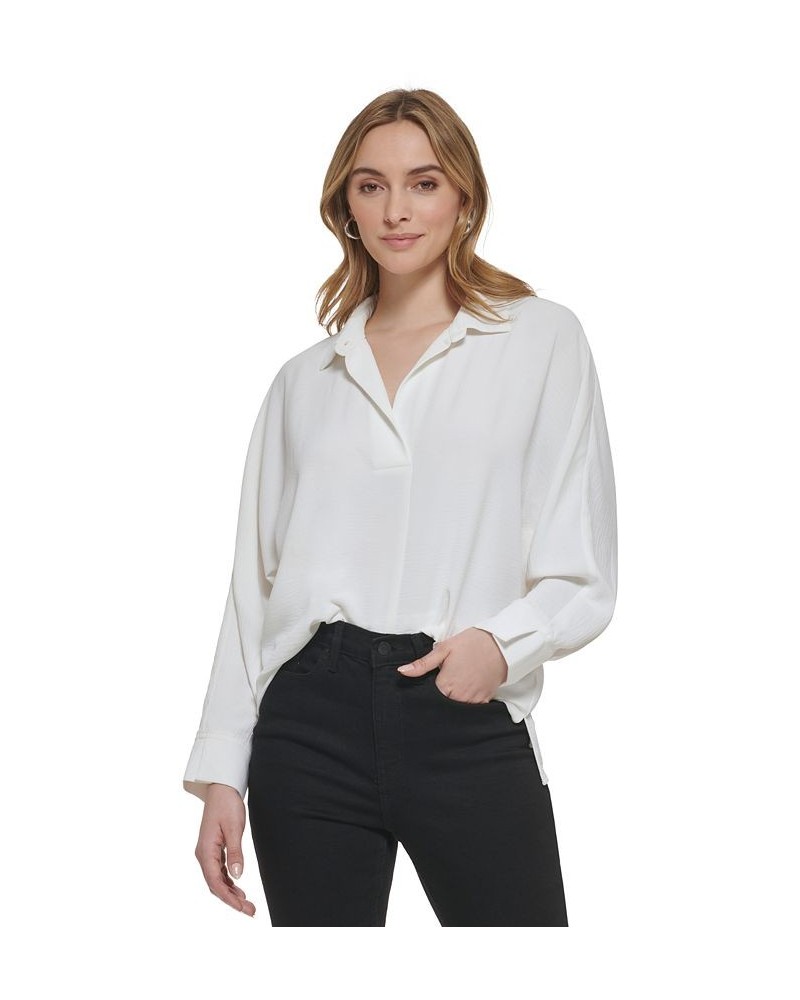 Women's Long Sleeve V-Neck Collared Shirt White $39.38 Tops