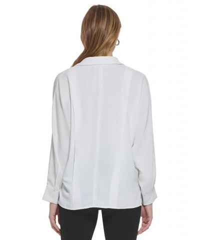 Women's Long Sleeve V-Neck Collared Shirt White $39.38 Tops