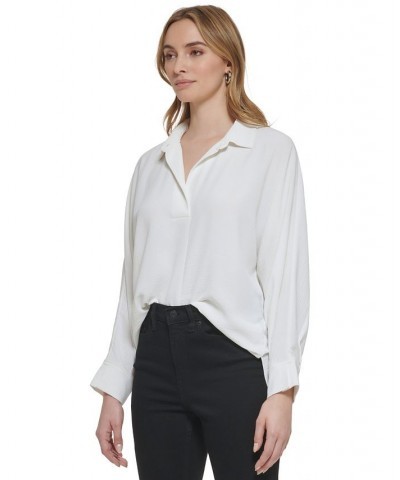 Women's Long Sleeve V-Neck Collared Shirt White $39.38 Tops