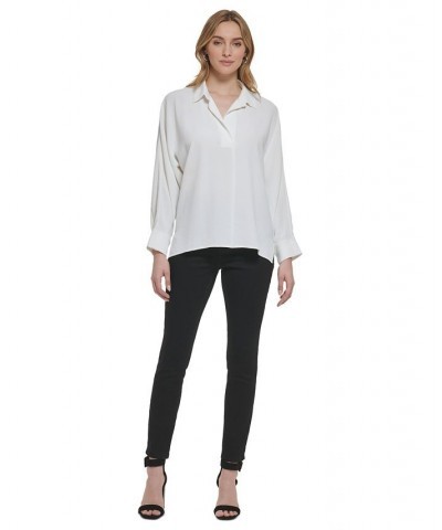 Women's Long Sleeve V-Neck Collared Shirt White $39.38 Tops