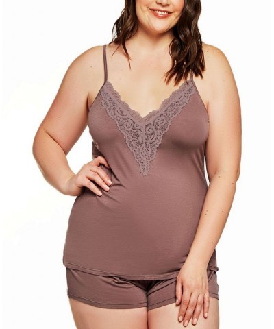 Women's Zennie Modal and Lace Plus Size 2-Pieces Cami and Short Set Brown $27.88 Lingerie