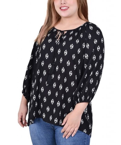 Plus Size 3/4 Sleeve Peasant Top with Tie Neckline Abstract Chervon $16.94 Tops