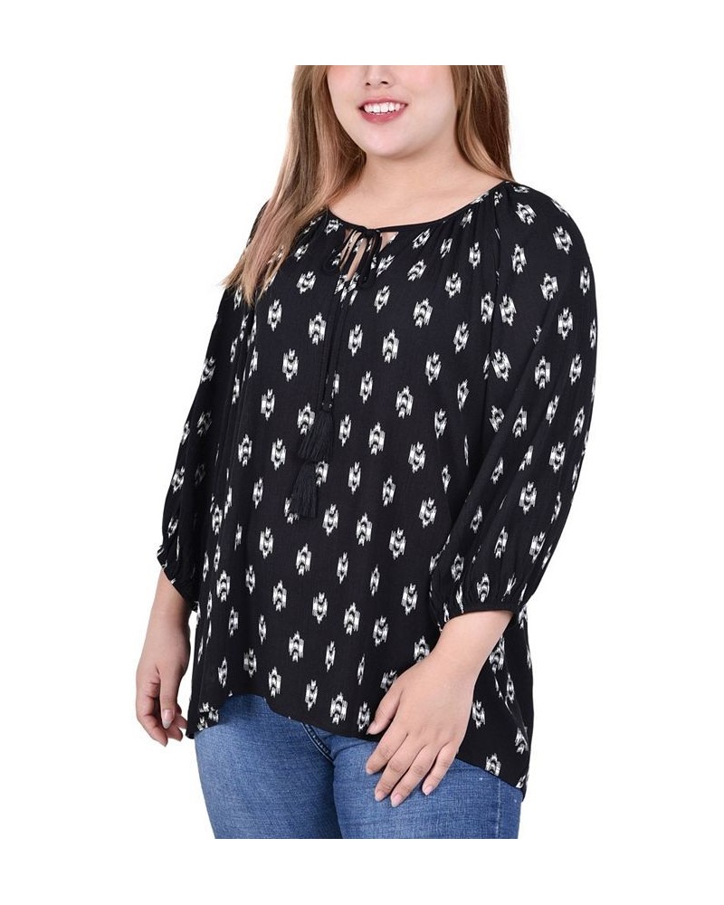 Plus Size 3/4 Sleeve Peasant Top with Tie Neckline Abstract Chervon $16.94 Tops