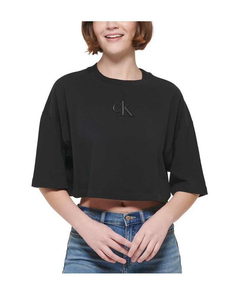 Women's Cotton Embroidered-Logo Cropped T-Shirt Black $21.29 Tops