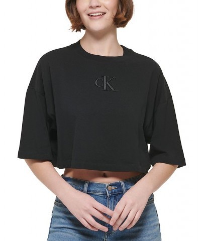 Women's Cotton Embroidered-Logo Cropped T-Shirt Black $21.29 Tops