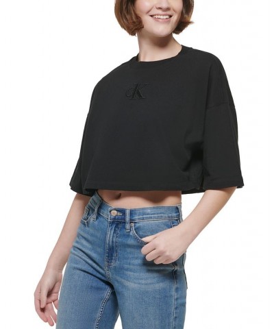 Women's Cotton Embroidered-Logo Cropped T-Shirt Black $21.29 Tops