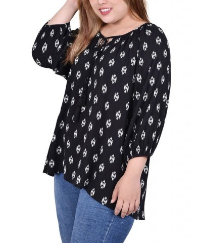 Plus Size 3/4 Sleeve Peasant Top with Tie Neckline Abstract Chervon $16.94 Tops