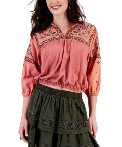 Women's Embroidered Bubble-Hem Peasant Top & Cotton Embroidered Mini Skirt Coral $47.76 Skirts