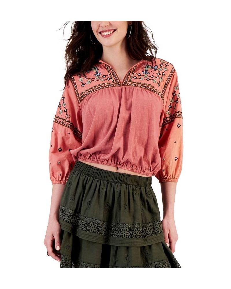 Women's Embroidered Bubble-Hem Peasant Top & Cotton Embroidered Mini Skirt Coral $47.76 Skirts