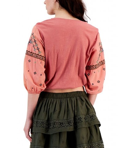 Women's Embroidered Bubble-Hem Peasant Top & Cotton Embroidered Mini Skirt Coral $47.76 Skirts