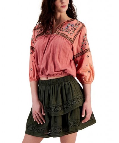 Women's Embroidered Bubble-Hem Peasant Top & Cotton Embroidered Mini Skirt Coral $47.76 Skirts