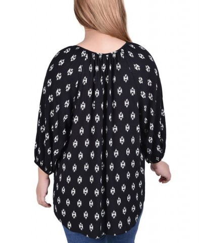 Plus Size 3/4 Sleeve Peasant Top with Tie Neckline Abstract Chervon $16.94 Tops