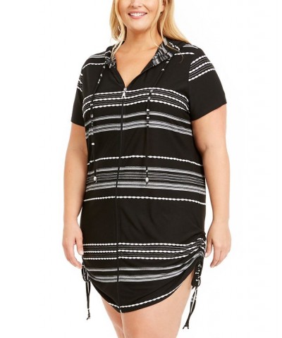 Plus Size Dahlia Stripe Zip Hoodie Cover-Up Black And White $37.00 Swimsuits