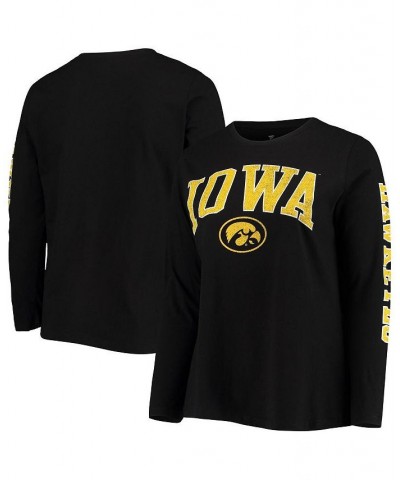 Women's Black Iowa Hawkeyes Plus Size Campus Arch Logo 2-Hit Scoop Neck Long Sleeve T-shirt Black $25.30 Tops