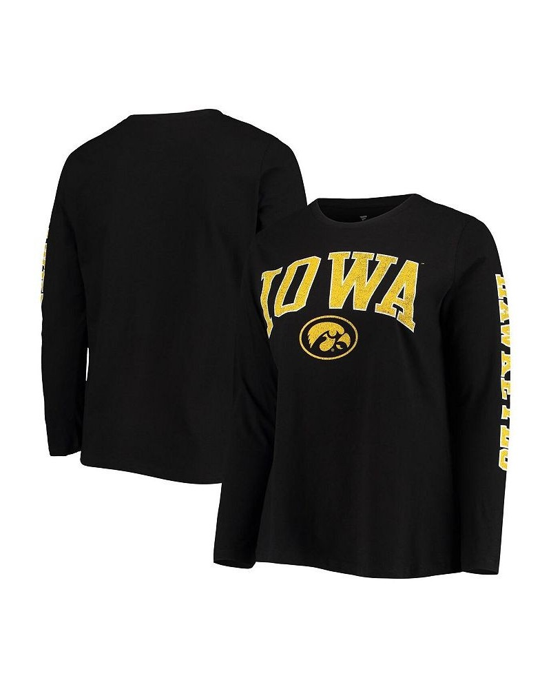 Women's Black Iowa Hawkeyes Plus Size Campus Arch Logo 2-Hit Scoop Neck Long Sleeve T-shirt Black $25.30 Tops