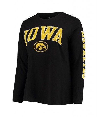 Women's Black Iowa Hawkeyes Plus Size Campus Arch Logo 2-Hit Scoop Neck Long Sleeve T-shirt Black $25.30 Tops