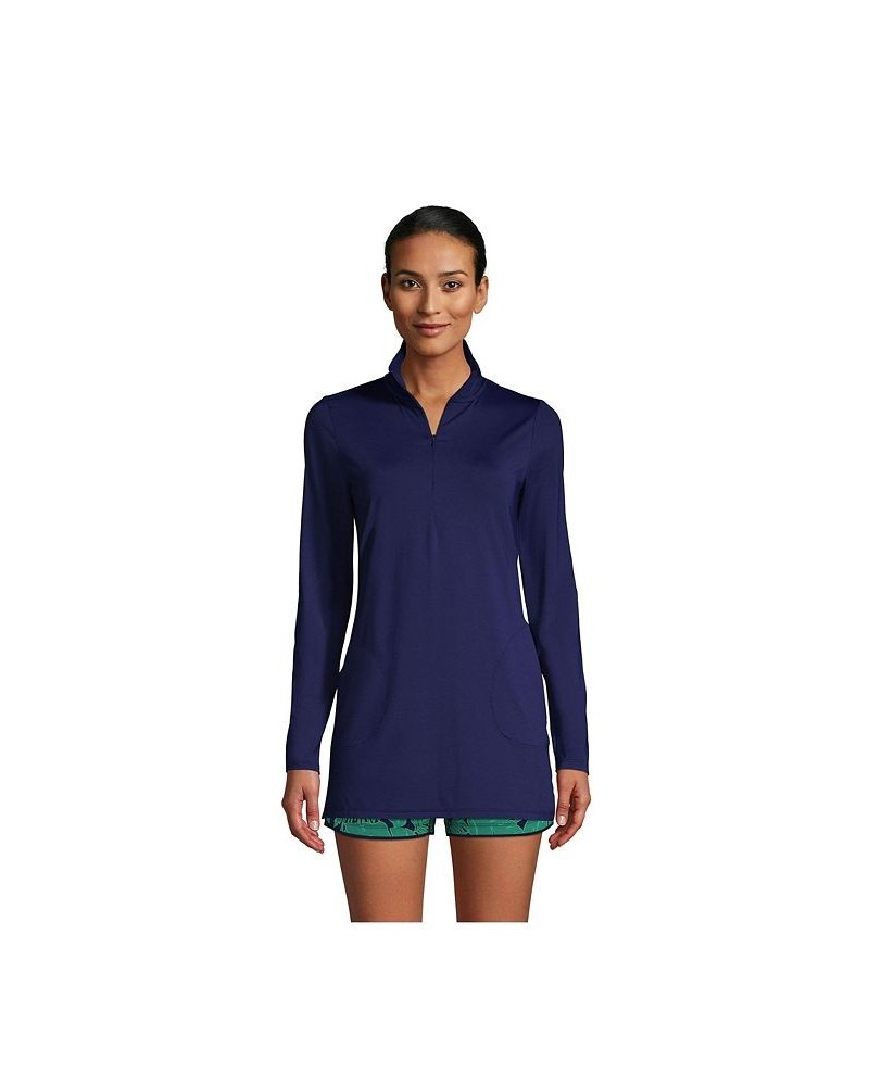 Women's Long Quarter Zip Long Sleeve Tunic Rash Guard Cover-up UPF 50 Sun Protection Blue $33.56 Swimsuits