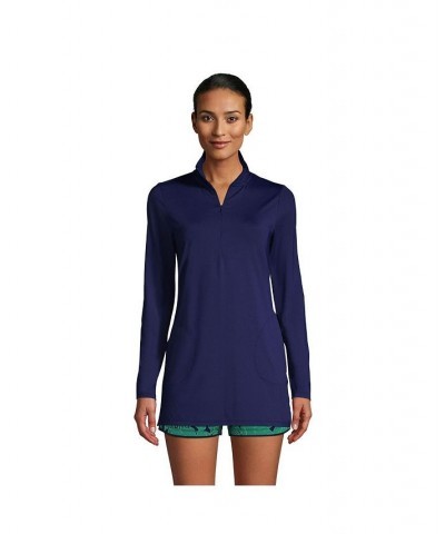 Women's Long Quarter Zip Long Sleeve Tunic Rash Guard Cover-up UPF 50 Sun Protection Blue $33.56 Swimsuits