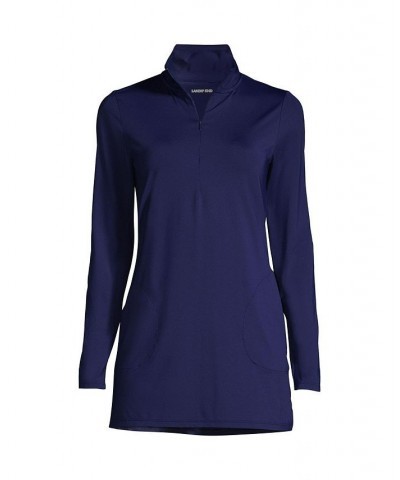 Women's Long Quarter Zip Long Sleeve Tunic Rash Guard Cover-up UPF 50 Sun Protection Blue $33.56 Swimsuits