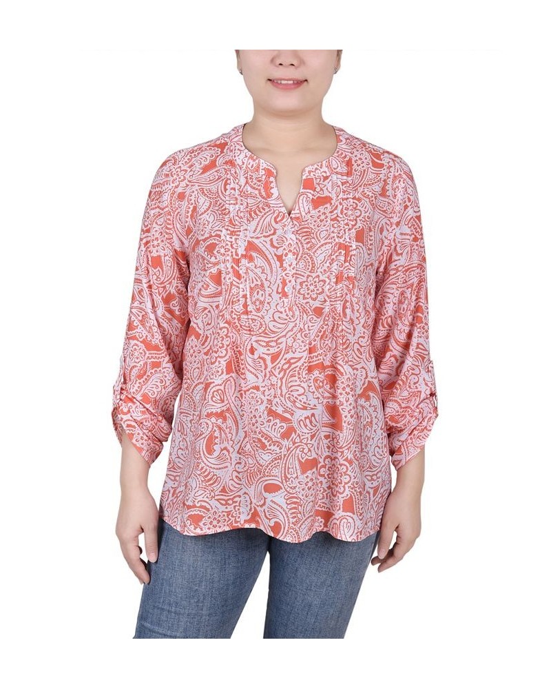 Petite Long Roll Tab Sleeve Pintuck Front Blouse Coral Ink Paisley $30.78 Tops