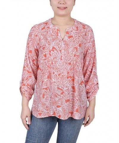 Petite Long Roll Tab Sleeve Pintuck Front Blouse Coral Ink Paisley $30.78 Tops