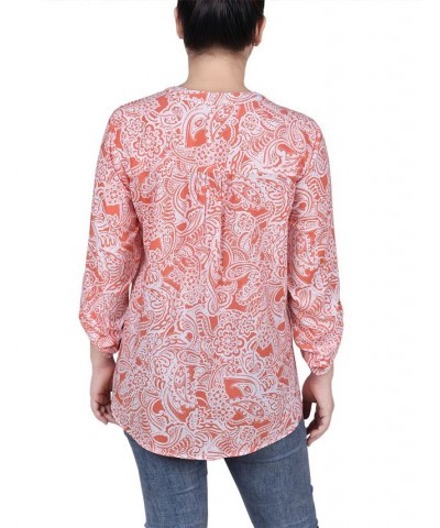 Petite Long Roll Tab Sleeve Pintuck Front Blouse Coral Ink Paisley $30.78 Tops