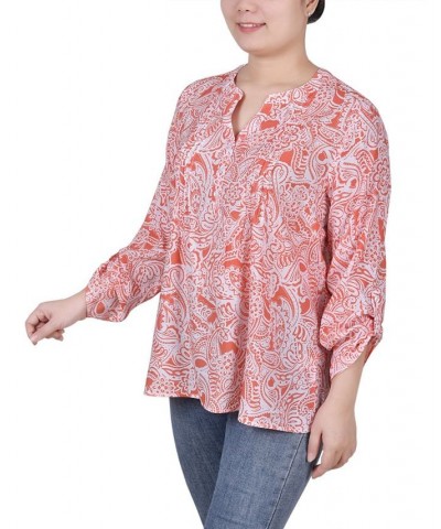 Petite Long Roll Tab Sleeve Pintuck Front Blouse Coral Ink Paisley $30.78 Tops