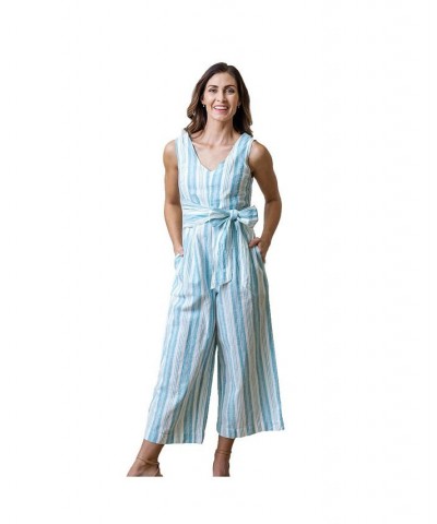 Womens' Woven Sleeveless Tie-Waist Jumpsuit with Wide Leg Blue $28.18 Pants