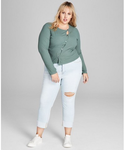 Trendy Plus Size Faux-Cutout Top Green $15.64 Tops