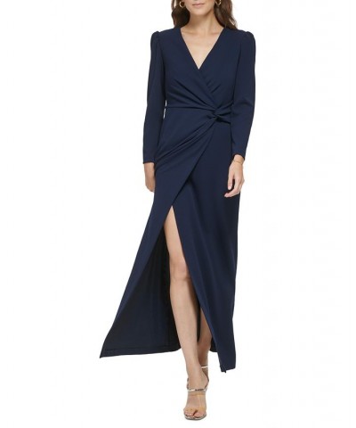 Women's Long-Sleeve Slit-Front Scuba Crepe Dress Navy $102.77 Dresses