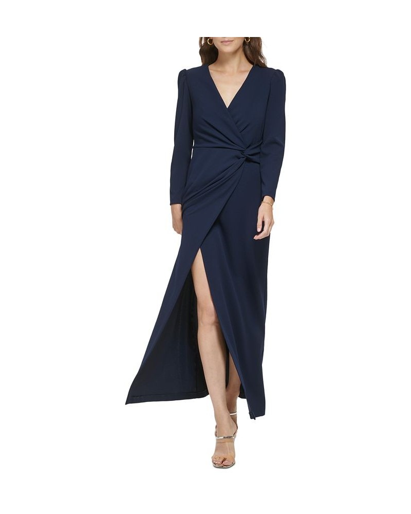 Women's Long-Sleeve Slit-Front Scuba Crepe Dress Navy $102.77 Dresses