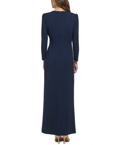 Women's Long-Sleeve Slit-Front Scuba Crepe Dress Navy $102.77 Dresses