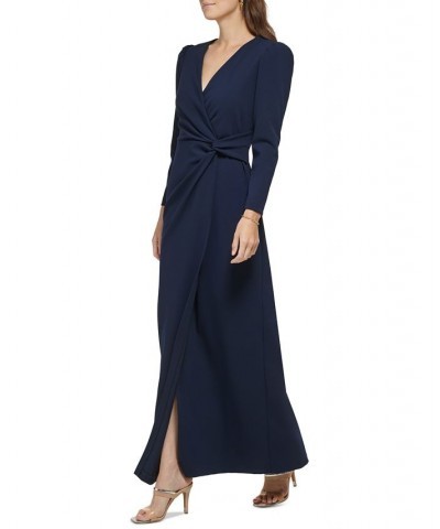 Women's Long-Sleeve Slit-Front Scuba Crepe Dress Navy $102.77 Dresses