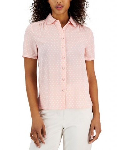 Women's Dot-Print Short-Sleeve Button-Up Top Pink $27.53 Tops