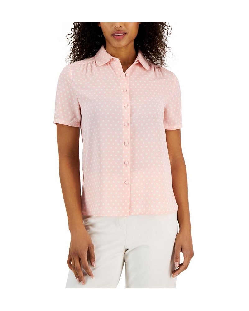 Women's Dot-Print Short-Sleeve Button-Up Top Pink $27.53 Tops